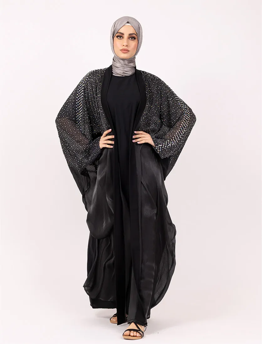 Black Sparkle Crystal Embellished Sheer Overlay Abaya